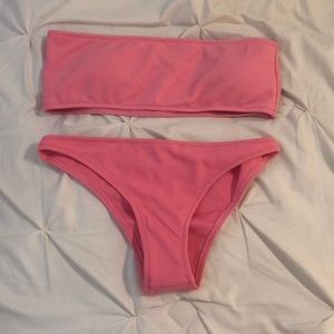 Pink ribbed bandeau bikini